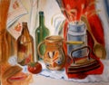 Pastel still life with glass bottles and iron, red colors